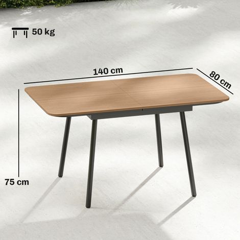 Table de jardin 140x80 cm, table repas extérieur 6 personnes, résistante intempéries, plateau bois composite WPC, pieds ajustables, finition teck (1/5)