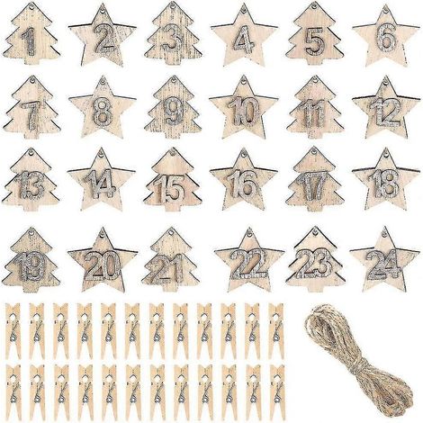 Chiffres de calendrier de l'Avent en bois, calendrier de l'Avent de Noël avec 24 pièces et clips, décorations de sapin de Noël en bois bd (1/5)