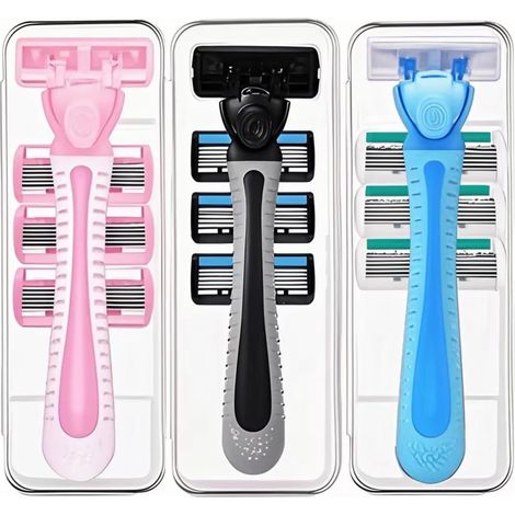 Rasoir 6 lames pour femmes et hommes — Idéal pour peaux sensibles — 3 manches antidérapants et 12 recharges de lames