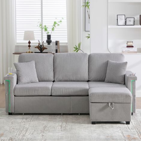 Sofa de haute qualité avec éclairage LED et port USB-C, avec pied de rangement, porte-boissons pratiques et pochettes latérales - qualité premium pour le salon, la chambre à coucher ou le bureau. Hell