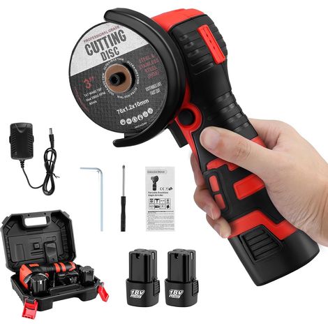 Cordless angle grinder with 2 cutting discs, Mini battery-powered grinder 28500RPM with 2x2000mAh batteries, 76mm small angle tool for cutting, polishing and grinding, red