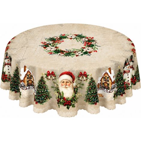 Nappe de Noël ronde 152 cm, en polyester, motif sapin, Père Noël et bonhomme de neige, décoration de table ronde 180 x 180 cm - Style 10 (1/3)