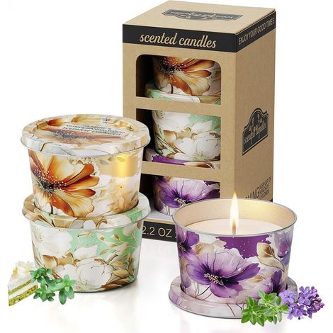 Bougies parfumées Set 3x 70g cire de soja coffret cadeau Lavande Thym Vanille Gâteau Jasmin Musc Santal