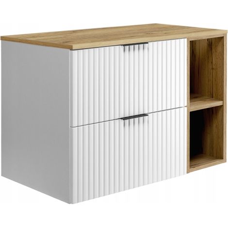 Rodan Waschbeckenunterschrank 80 cm, Weiß Matt mit brauner Eiche-Ablage und Waschtischplatte, 46 x 80 x 57 cm, feuchtraumgeeignet