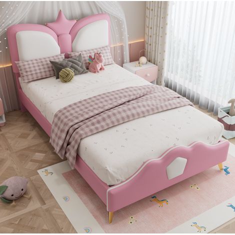 Letto imbottito per bambini 90x200 cm, con testiera a corona e bordi antiurto, in PU rosa e bianco, senza materasso (1/5)