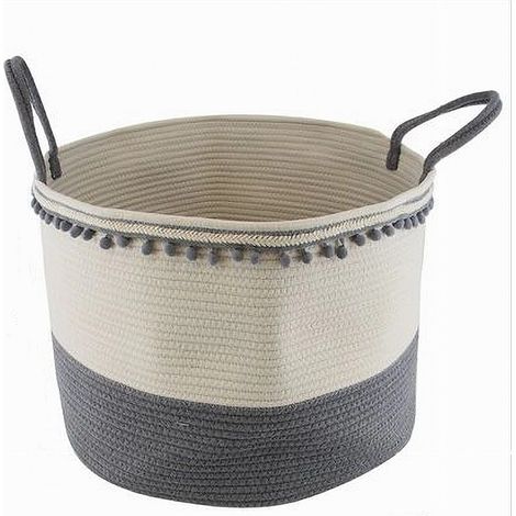 Cleafe - Cesto Portaoggetti Per Biancheria In Corda Ponpon Grigi Con Manici 50x35cm 10673 - (1/2)