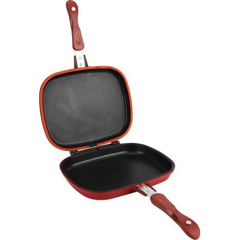Poêle double face antiadhésive rouge 28 cm carrée pour barbecue grill et cuisine (1/5)