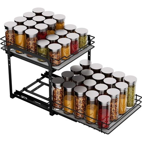 1 - Rangement Cuisine - Tiroir Coulissant - Organiseur Epices 2 Niveaux Réglable - Pour Armoire Et Placard - Noir - 26,4x23,2x23cm
