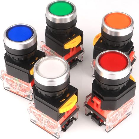 5 pièces 22mm Montage sur Panneau 10A 440V 1NO 1NC DPST Rouge/Vert/Orange/Bleu/Blanc Bouton Poussoir Momentané (1/5)
