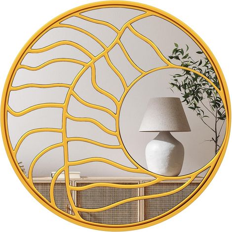 GOPLUS Miroir Mural Rond φ80 CM, Miroir Suspendu Décoratif avec Cadre Doré et Lignes Irrégulières, Miroir Argenté avec Reflets Clairs, Panneau Arrière Durable, Décoration pour Entrée, Salon (1/5)