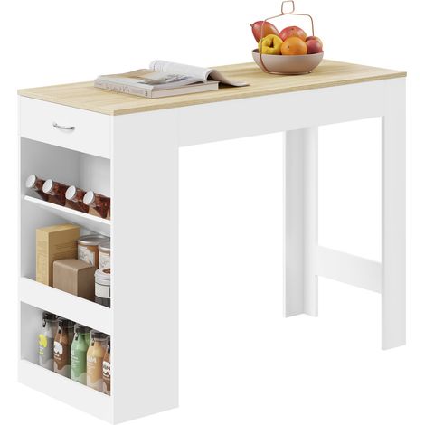 Woltu – Table de bar haute 120x50x90 cm – Bois d'ingénierie chêne clair et blanc – 1 tiroir et 3 étagères de rangement ouvertes