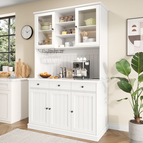 Armario alto 120x40x191 cm, con puertas acristaladas, cajón, estantes ajustables, tomas y puertos USB, en tableros de partículas, blanco (1/5)