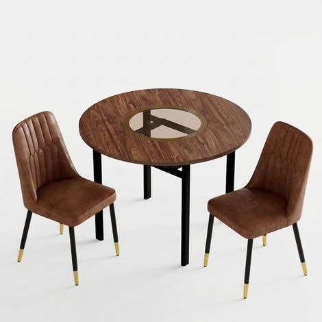 Ensemble table ronde 100 cm avec 2 fauteuils marron, plateau effet bois et verre, pieds en métal noir, pour 2 à 4 personnes (1/5)