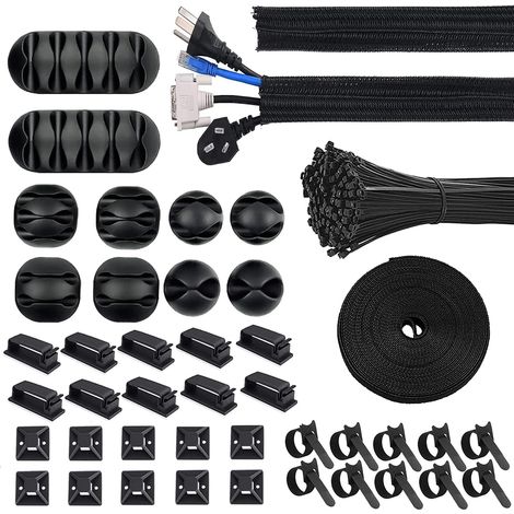 Kit de gestion de câbles 114 pièces, goulotte de câble de 2 m, 100 serre-câbles de fixation, 2 supports de câble en silicone et 10 clips de câble pour TV, ordinateur et bureau. (1/5)