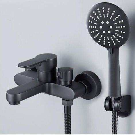 Mitigeur de baignoire noir avec douchette 3 jets - robinet de douche mural, mitigeur de baignoire avec support et flexible