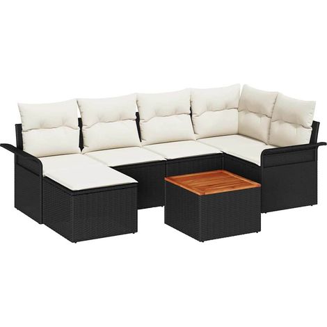 Garden Sofa Set with Storage 7 pcs Black and Cream Poly Rattan vidaXL