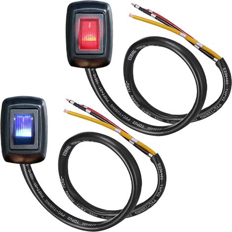 2pcs Glue Type Switch Push Button Switch with Red/Blue LED Light ON/OFF DIY Car Switch 12V/10A 24V/5A SPST Rocker Switch, 60cm Cable