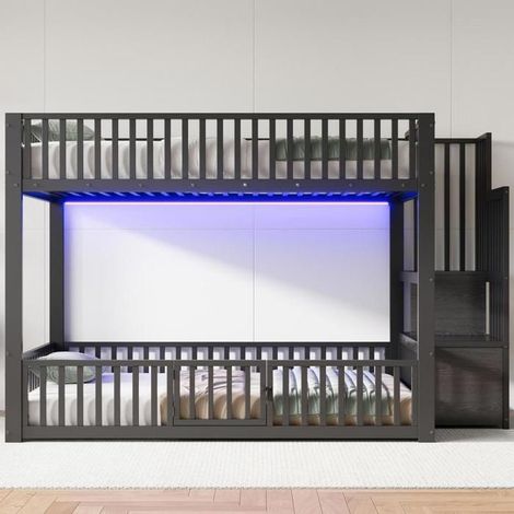 Lit superposé - KOMHTOM - 140x200 cm - LED intégrée - Rangement & tiroir - Métal noir (1/5)