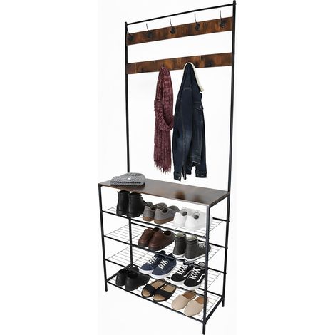 Relaxdays coat rack, 4 shoe shelves, 2 hook rails, hallway coat rack HxWxD 190 x 80 x 30 cm, iron, black/brown
