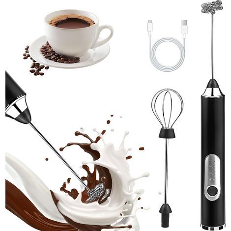 Mousseur à lait rechargeable, 3 vitesses avec 2 fouets en acier inoxydable pour lattes, cappuccinos, matchas, chocolats chauds et œufs - Noir (1/5)