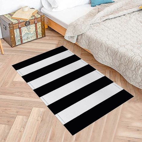 Tapis rayé noir et blanc - Lavable - Tapis d'extérieur moderne à poils longs - 60 x 90 cm (1/5)