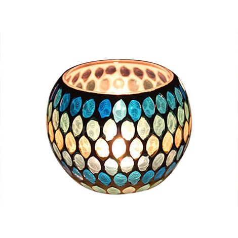 Bougeoir en Verre Mosaïque, 10,5 x 7 cm, Mosaïque Photophore Craquelé Porte-Bougie Romantique, Bougeoir Fait Main en Verre Motif pour Décoration Intérieure, Bleu 2 (1/5)