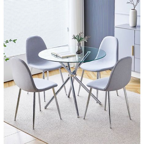 Hallowood Furniture Cullompton Glass Round Dining Table And Chairs Set 4, Small Kitchen Table and Chairs in Grey Fabric, Dining Room Sets Perfect for Home, Office Pantries and Cafes