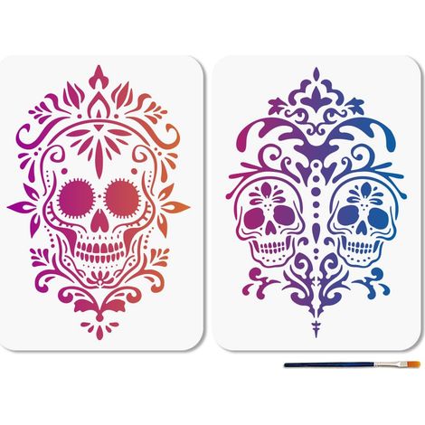 2 Pochoirs Réutilisables en Forme de Tête de Mort Motif Floral 21 x 29,7 cm pour Peinture Squelette Effrayant avec Pinceau pour Décoration Murale Sol Bois Papier Halloween (1/5)