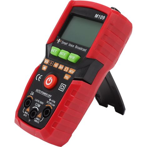 Multimètre numérique portable automatique NCV, voltmètre/ampèremètre CC/CA, avec diffusion vocale en anglais et lampe torche. Rouge. (1/5)