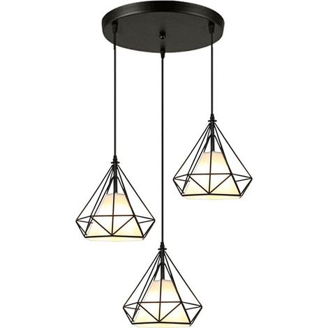 Lampes Suspendues Cage En Fer En Métal 3 Supports De Lampe Plafonnier En Forme De Diamant Ø20CM Pour Cuisine Salon Restaurant Bar (Noir) (1/5)