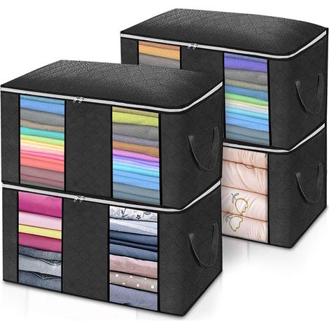 BDD 4 pcs Épais Non-tissé Quilt Organisateur Grande Capacité Boîte De Rangement Sac avec Poignées Renforcées pour Couette Couverture Oreiller Jouet Veste Vêtements Noir (1/5)