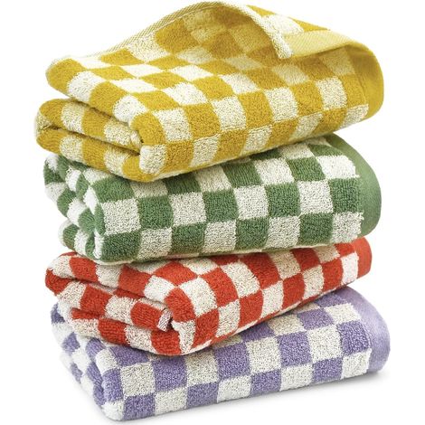 Lot de 4 serviettes de bain en coton pour spa, salle de bain, salle de sport, cuisine, motif à carreaux décoratif, 33 x 74 cm (1/5)