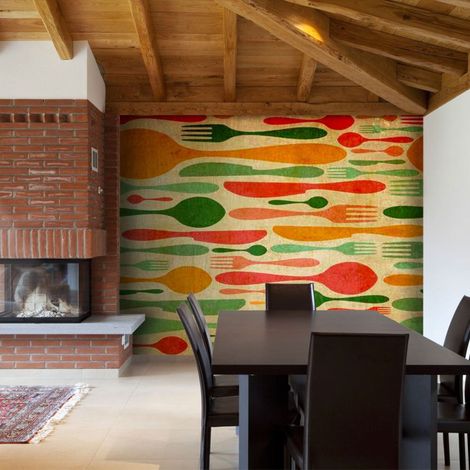 Papier peint couverts en vert et orange - 300 x 230 cm (1/4)