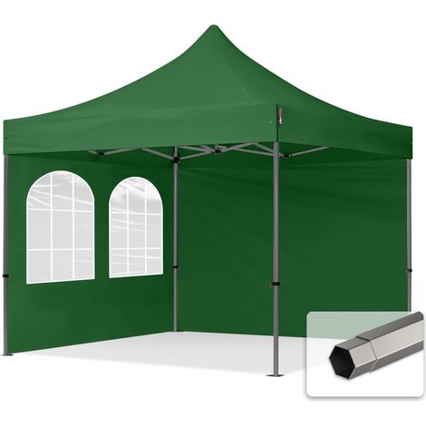 3x3 m Faltpavillon, PREMIUM Stahl 40mm, Seitenteile mit Sprossenfenstern, dunkelgrün