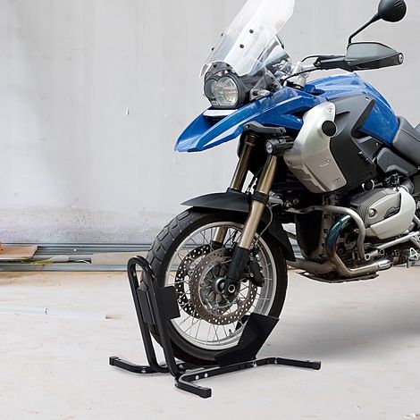 Lève moto béquille d'atelier support roue moto support béquille moto - bloque roue 17 à 21 pouces métal époxy noir