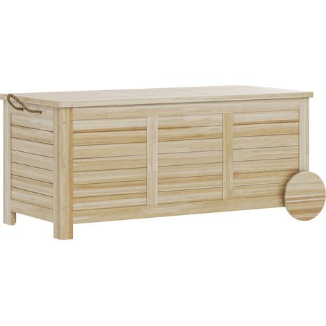 Coffre de rangement extérieur, malle de rangement en bois, 185L, avec roulettes et bâche, 110 x 50 x 50 cm, bois naturel