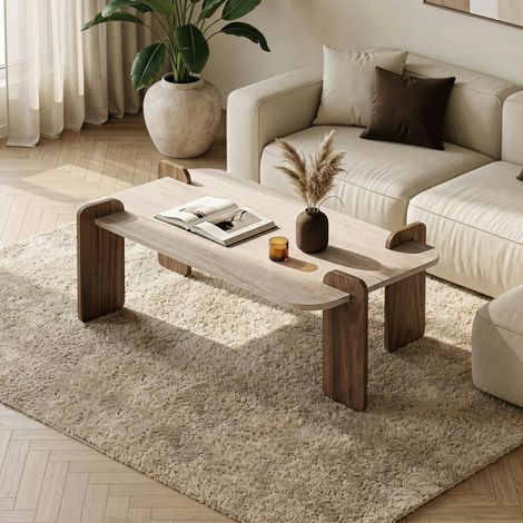 Table basse design bords ronds décor travertin et noyer MARFA (1/5)