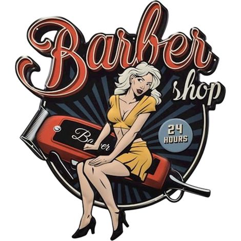 Poster in metallo "Barber Shop" con un'elegante signora - Decorazione vintage per parrucchiere