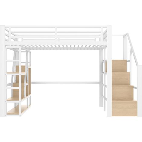 Letto a soppalco 140 x 200 cm in metallo e MDF bianco con scala, ripiani, ringhiera e LED (1/5)