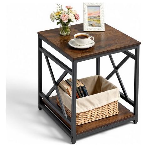 Beistelltisch 2-stufiger Nachttisch mit Offenen Ablagefächern, Moderner Nachttisch mit X-förmigem Metallgestell, Couchtisch aus Holz für Wohnzimmer Schlafzimmer Büro, Braun Schwarz (1/5)