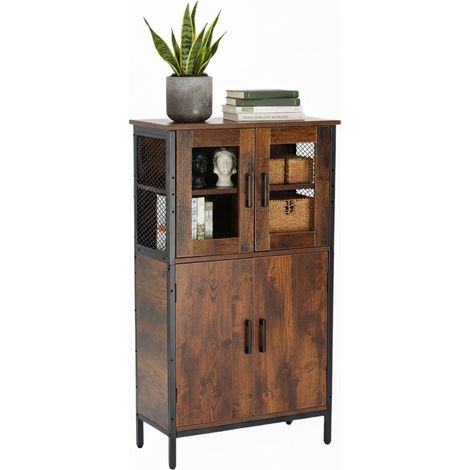 Relaxdays Küchenschrank Industrial, Hochschrank mit Glastüren HBT 108x60x30 cm, Vitrinenschrank schmal, Holzoptik, braun