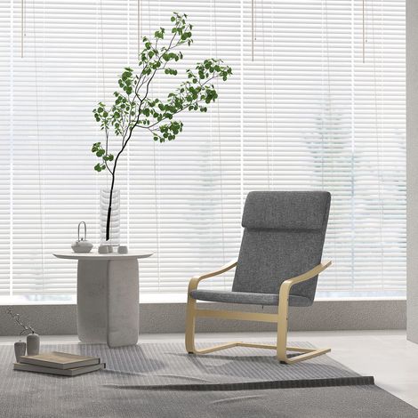 Fauteuil à bascule gris foncé avec coussin, chaise lounge en lin optique et bois de bouleau, 66,5x80x99cm, modèle relaxant pour salon