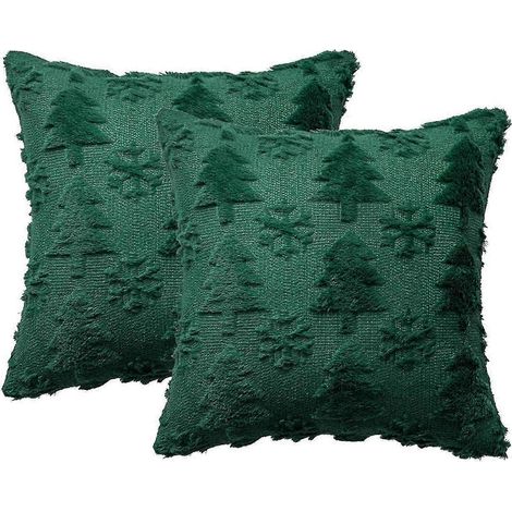 Housses de coussin décoratives vertes à motif sapin de Noël, douces et moelleuses, avec flocons de neige. (1/5)