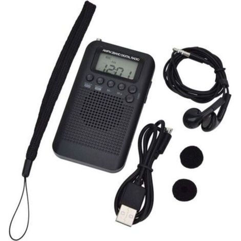 Portable mini radio de poche avec haut parleur FM/AM numérique stéréo DSP récepteur avec réveil et minuterie pour maison et l'extérieur marche course radio personnel avec ecouteur,100x60x15mm(Noir)