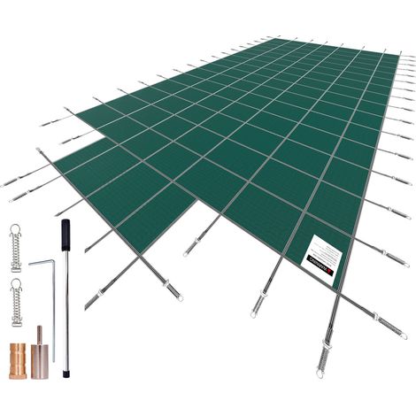 Sicherheitsabdeckung für rechteckigen, eingelassenen Pool (6 x 12 m), Schutzabdeckung mit Mittelstufe (1,2 x 3 m), robustes, perforiertes Netzgewebe für optimale Drainage, Winterabdeckung, grün (1/5)