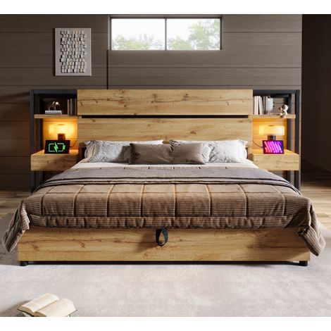 Lit double coffre 180x200 cm, 2 chevets, tête de lit à rangements, ouverture hydraulique, 3 USB + USB-C, sommier à lattes, MDF/métal, effet chêne (1/5)