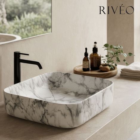 Vasque à poser carrée à angles arrondis blanc effet marbre 395 x 395 x 140 mm Rivéo
