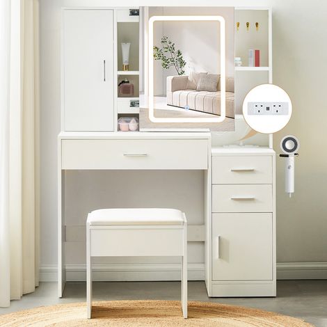 Dressing Table with LED Sliding Mirror and Stool, Modern Vanity Makeup Desk with Power Socket and Drawers, Jewellery Storage, White Bedroom Beauty Dresser with Open Shelves (1/5)