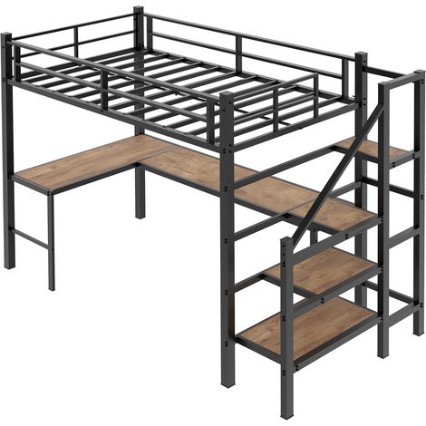 Letto a soppalco nero in metallo con scrivania a L e scala contenitore 90 x 190 cm (1/5)