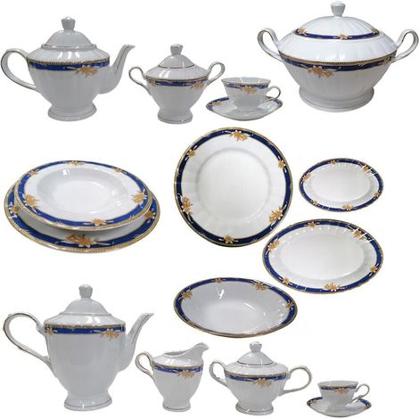 Servizio di piatti porcellana fiore filo oro blu tazze tè tazzine caffè teiera lattiera zuppiera-Set caffettiera + zuccheriera - Set tavola porcellana: Set 6 tazzine caffè con piattini (1/5)